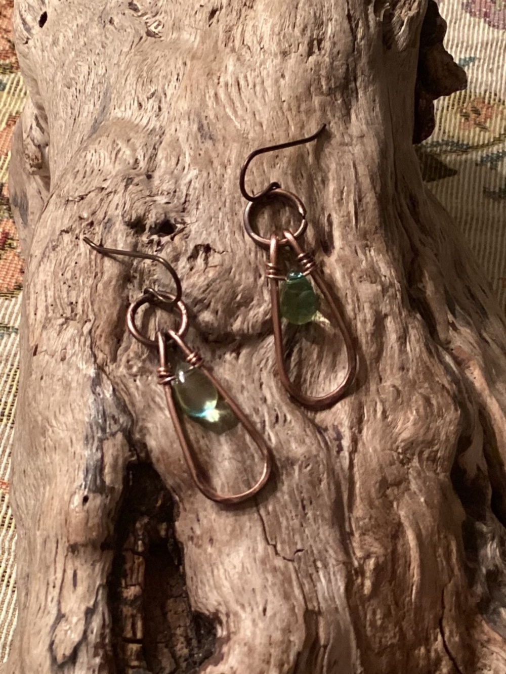 Wire Wrapped Green Teardrop Bead Oxidized Oval Copper Earrings